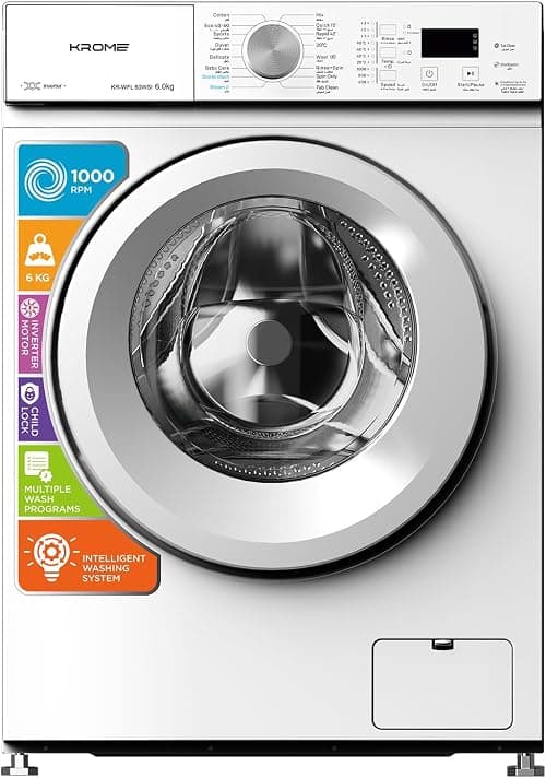 Krome Front Load Washing Machine | 6 Kg Capacity | 1000 RPM Spin | BLDC Inverter Motor | 16 Wash Programs | LED Display | Energy Efficient | Stainless Steel Drum | White - KR-WFL60WSI on Amazon.ae - Price Tracker