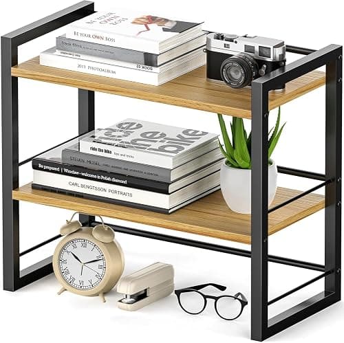 Oasisgalore 2 Tier Office Desk Shelf Organizer, Wood Desktop Bookshelf Supplies Storage Rack, Storage Shelf for Desk and Dresser (Black) على Amazon.ae - متتبع الأسعار