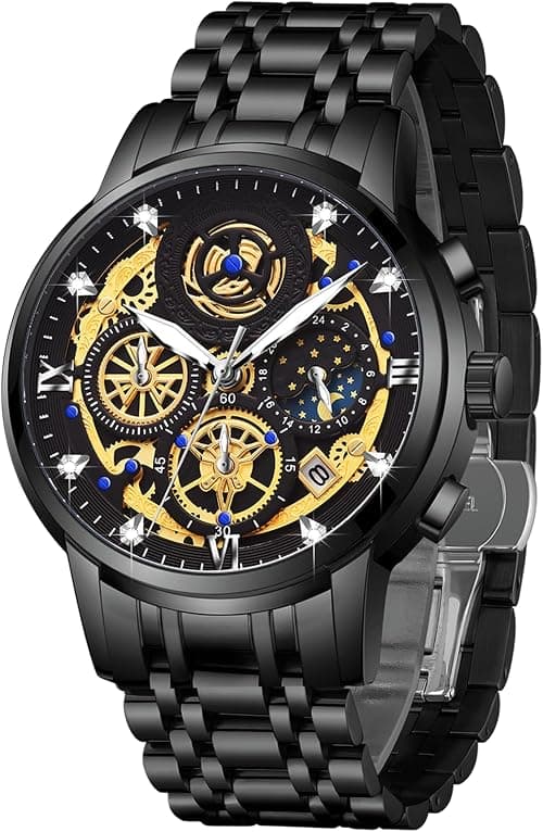Luxury Men's Moon Phase Watch Multifunction Chronograph Quartz Wristwatch with Luminous Dial Waterproof Stainless Steel Strap على Amazon.ae - متتبع الأسعار