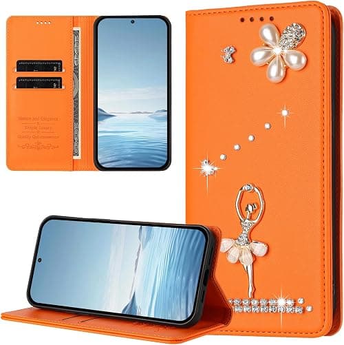 Wallet Case for Motorola Moto G67 5G / G77 5G,Glitter Pearl Flower Ballerina Flip Case Card Slots Stand RFID Blocking PU Leather Magnetic Protective Folio Phone Cover-Orange on Amazon.ae - Price Tracker