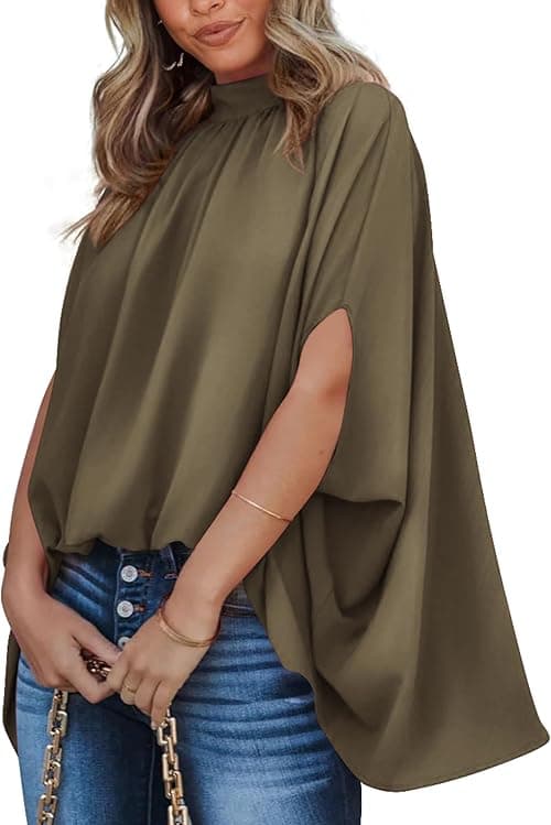 BTFBM Women Mock Neck Batwing Short Sleeve Summer Tops 2024 Spring Loose High Low Hem Casual Oversize Blouses Shirts Top on Amazon.ae - Price Tracker