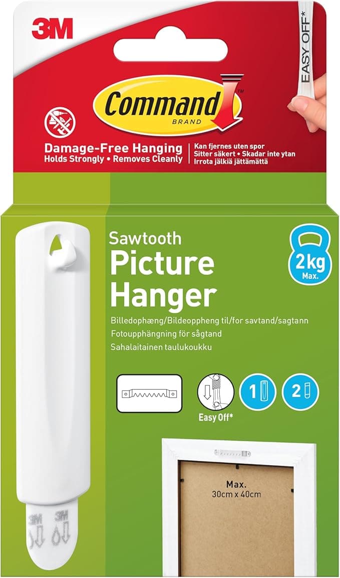 Command Sawtooth Large Picture Hanger White color, 1 hook + 2 strips/pack | Holds 2 kg each hook | Organize | Decoration | No Tools | Holds Strongly | Damage-Free Hanging on Amazon.ae - Price Tracker