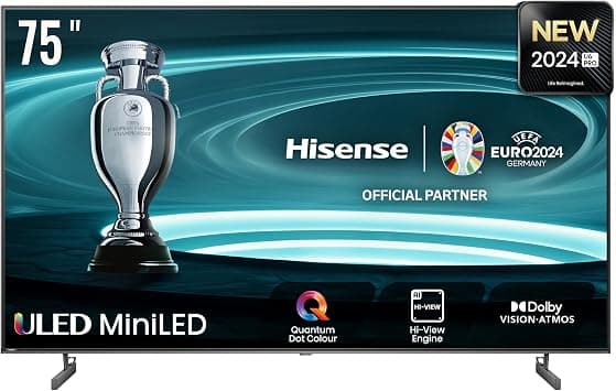 Hisense 75 Inch 4K Miniled, Smart TV Black, Full local dimming zones, 2*HDMI type 4K@60Hz with HDCP version 2.2, eARc* HDMI*1, Smart TV, HDR10+, Dolby Vision,Dolby Vision ATMOS, - متتبع أسعار Amazon.sa
