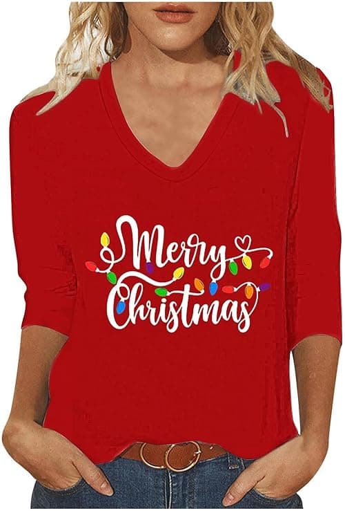 Christmas Tshirts Women Ugly Xmas Jumpers V Neck T Shirt 3/4 Sleeve Tops Xmas Tree Merry Christmas Tops Loose Blouses Sweatshirt Dressy Tunic Top Casual Holiday Party Shirt on Amazon.ae - Price Tracker