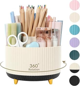 SKYDUE 360 Degree Rotating Desk Organizer, Dual-Purpose Pencil Pen Holder for Desk, Rotating Desk Pen Organizer with 5 Slots, Pencil Cup for Office, School, Home (Beige-Black) on Amazon.ae - Price Tracker
