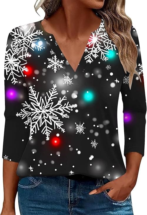 Christmas Tshirts Women Funny Xmas Jumpers Long Sleeve T Shirts V Neck Jumpers Xmas Tree Snowflakes T Shirts Ugly Christmas Jumper Dressy Tops Casual Holiday Party Pullover Blouse on Amazon.ae - Price Tracker
