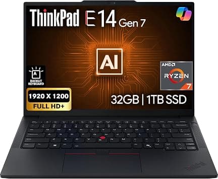 Lenovo ThinkPad E14 Gen 7 14" FHD+ Display, AMD Ryzen 7 250 (Beats Core 7 240H), 32GB DDR5 RAM, 1TB SSD PCIe, Backlit KB, WiFi 6E + BT, RJ-45, FHD Webcam, Windows 11 Pro, AI Business Laptop - Black on Amazon.sa - Price Tracker