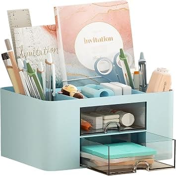Pencil Pen Holder for Desk, Desk Organizer with 2 Drawers, Pencil Pen Holder for Desk Stationery Supplies Organizer Desk Organizers with 5 Compartments for Office Home School (Blue) on Amazon.ae - Price Tracker