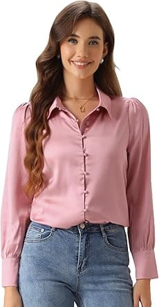 Women's Satin Blouse Puff Long Sleeve Collared Button Down Shirt Dressy Office Work Top Business Casual on Amazon.ae - Price Tracker