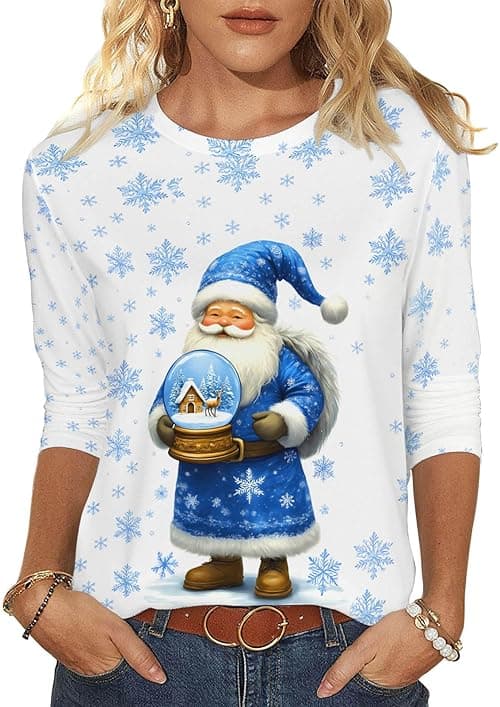 Womens Christmas Tops Novelty Christmas Jumpers 3/4 Sleeve Round Neck Tops Santa Cruz Xmas Tree Snowflake Printed Blouses Casual T Shirts Tunic Shirt Xmas Holiday Top Pullover Blouse on Amazon.ae - Price Tracker