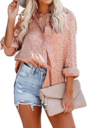 Astylish Women Casual Cuffed Long Sleeve Button up V Neck Satin Embossed Tunic Shirts Tops Orange Large on Amazon.ae - Price Tracker
