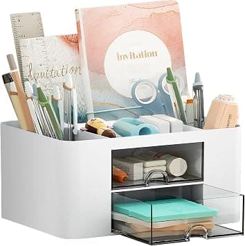 Desk Organizer with Drawer, Multi-Functional Pen Pencil Holder Storage Box for Desk, Desk Organizers and Accessories with 5 Compartments + 2 Drawer for Office Art Supplies (White) on Amazon.ae - Price Tracker