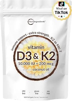 Vitamin D3 10000 iu Plus K2 (MK-7) 200 mcg, 180 Virgin Coconut Oil Softgels| 2 in 1 Vitamins D & K Complex | Supports Calcium Absorption, Bone, Immune, & Heart Health – Easy to Swallow on Amazon - Best Deal Finder