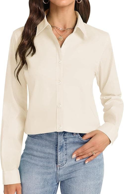 J.VER Womens Button Down Shirt Long Sleeve Dress Shirts Wrinkle Free Stretch Solid Work Blouse on Amazon.ae - Price Tracker