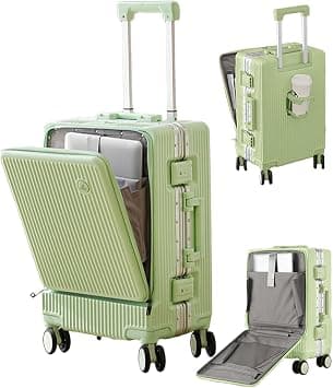 20 Inch Front Open Suitcase, Carry-on Trolley Suitcase with Laptop Compartment, Hard Shell Travel Luggage with Cup Holder USB Port and Phone Holder, Carry-on luggage (Green, 20-Inch) on Amazon - Best Deal Finder