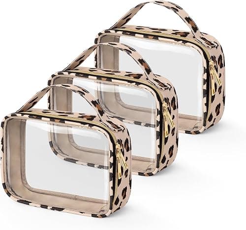 3Pcs Clear Makeup Bags with Handles, TSA Approved Quart Size PVC Toiletry Bags for Women & Men, Carry-On Airline Compliant Cosmetic Pouches, Leopard Print Travel Essentials on Amazon - Best Deal Finder