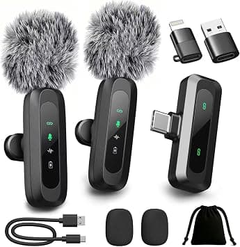 Upgraded 2 Pack Mini Clip on Microphone With LED Display, Wireless Lavalier Microphone for iPhone, HD Noise Cancelling, Portable Lapel Mic for Recording Video Podcast Vlogg Content Creator interview on Amazon.ae - Price Tracker