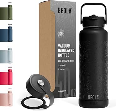 BEOLA 1200ml Vacuum Insulated Water Bottle, Double Wall Stainless Steel Thermos Bottle with wide mouth, 2 lids included, Hot Cold Water Flask, Large Sports Bottle with straw lid, 40oz (Mountain Black) على Amazon.ae - متتبع الأسعار