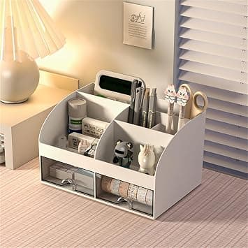 Multifunctional Desk Organizer with 2 Drawers & 8 Grids - Large Capacity Plastic Stationery Organizer, Tidy White Desktop Storage Box - Ideal Desk Accessories for Home, Office, School Table Decor on Amazon.ae - Price Tracker
