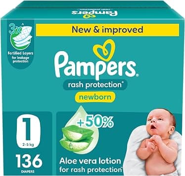 Pampers Rash Protection, Size 1, 2-5 kg, Jumbo Box, 136 Diapers - متتبع أسعار Amazon.sa