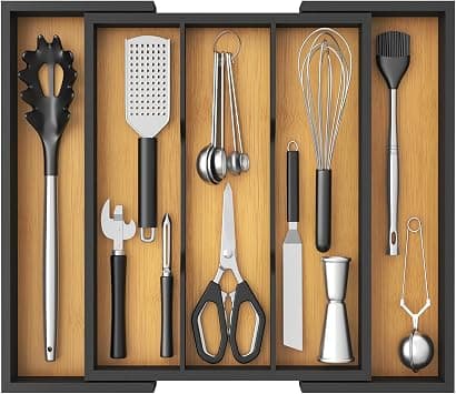 Lifewit Utensil Organizer for Kitchen Drawer, Bamboo Cooking Utensil Tray, Expandable Cutlery Silverware Flatware Holder, Adjustable Spatula Tools Gadgets Storage Divider, Large, Natural and Black on Amazon.ae - Price Tracker