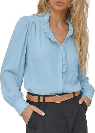 Astylish Women's Ruffle Collar Long Puff Sleeve Chiffon Blouse Button Down Shirt Loose Fit 2026 Spring Summer Tops on Amazon.ae - Price Tracker
