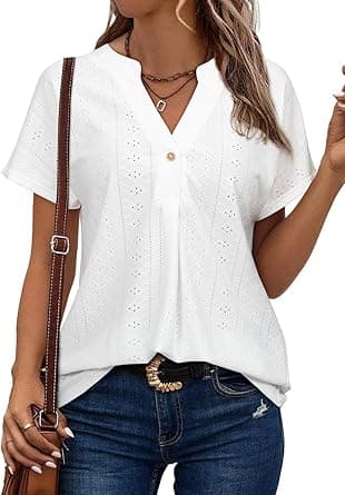 Astylish Womens V Neck Blouses Casual Short Sleeve Buttons Hollow Out Fashion Shirts Tops Dressy on Amazon.ae - Price Tracker