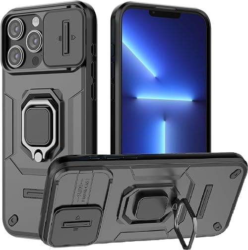 for iPhone 13 Pro Max Case with Sliding Camera Cover and 360° Rotate Ring Kickstand Heavy Duty Protective Shockproof Protective Phone Case for iPhone 13 Pro Max Cover,Black على Amazon.ae - متتبع الأسعار