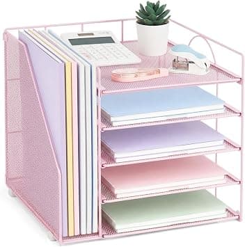 LEKETREE Desk Organizers and Accessories, 5-Tier Paper Letter Tray Organizer with File Holder, Desktop Organizer for Office Supplies, Office Desk Accessories & Workspace (Pink) على Amazon.ae - متتبع الأسعار