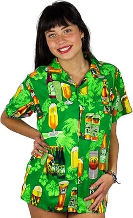 V.H.O. Funky Hawaiian Blouse Hawaiian Shirt Women's Short Sleeve Front Pocket Hawaiian Print Beer Bottles Party Beach UNICUT, Green, M on Amazon.ae - Price Tracker