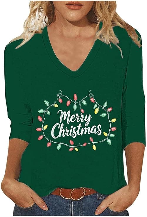 Christmas Tshirts Women Ugly Xmas Jumpers V Neck T Shirt 3/4 Sleeve Tops Xmas Tree Merry Christmas Tops Loose Blouses Sweatshirt Dressy Tunic Top Casual Holiday Party Shirt on Amazon.ae - Price Tracker