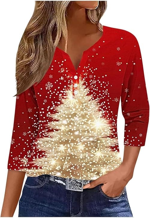 Christmas T Shirts for Women UK Novelty Xmas Jumpers 3/4 Sleeve Tops V Neck T Shirts Henley Shirt Xmas Tree Snowflake Print Blouse Sweatshirt Dressy Tunic Top Holiday Blouse Tops on Amazon.ae - Price Tracker