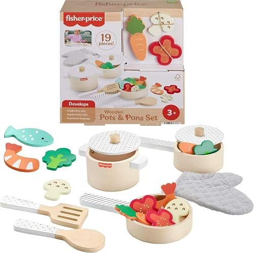Fisher-Price Wooden Cookware Set for Role Play - 19 Wooden Pieces for Nursery Children from 3 Years - HXT83 on Amazon - Best Deal Finder