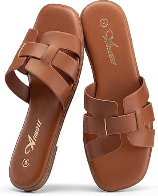 Athlefit Women's Flat Sandals Dressy Summer Square Open Toe Slip On Leather Slide Sandals on Amazon.ae - Price Tracker