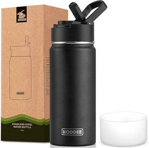 Koodee 16 oz Stainless Steel Water Bottle Double Wall Vacuum Insulated Thermos Kids Wide Mouth Flask with Leakproof Straw Lid (Black) on Amazon.ae - Price Tracker