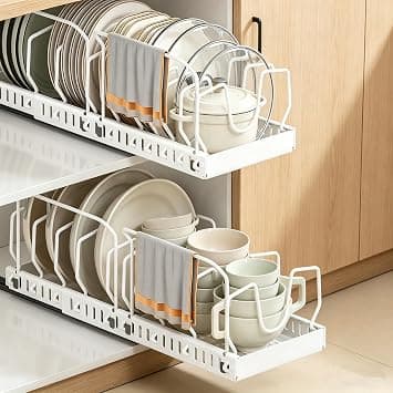 Pack of 2 Pots and Pans Organiser with Guardrail, Lid Organiser Kitchen with 8 Adjustable Dividers, Expandable Pan Organiser with Slide Rail, No Drilling, for Pots and Lids (White) on Amazon.ae - Price Tracker