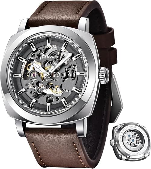 BENYAR Mens Watch Automatic Mechanical Wrist Watches Men Brown Leather Strap Sports Movement 45 mm Black Skeleton Dial 30M Waterproof Elegantt Gift for Men على أمازون - دليلك لأفضل العروض