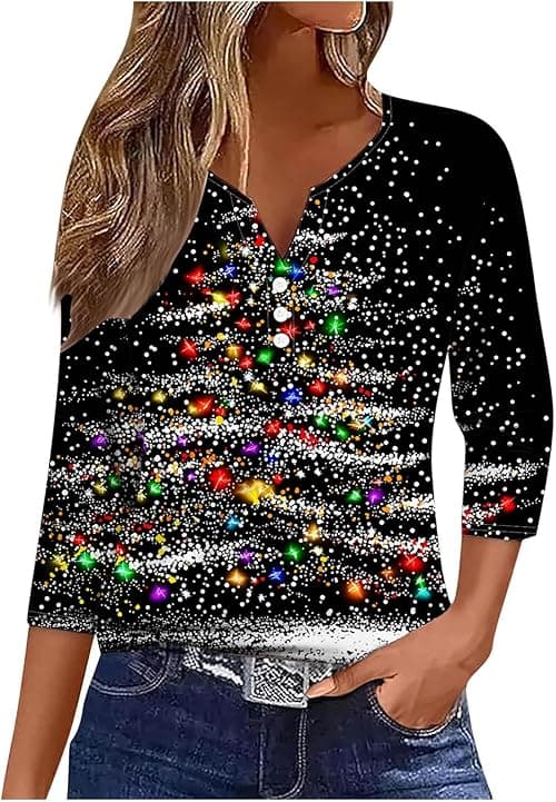 Christmas T Shirts Women Funny Ugly Christmas Jumpers V Neck T Shirts Henley Tops Long Sleeve Blouses Cute Santa Reindeer Tree Print Jumper Tunic Shirt Casual Holiday Pullover Blouse on Amazon.ae - Price Tracker