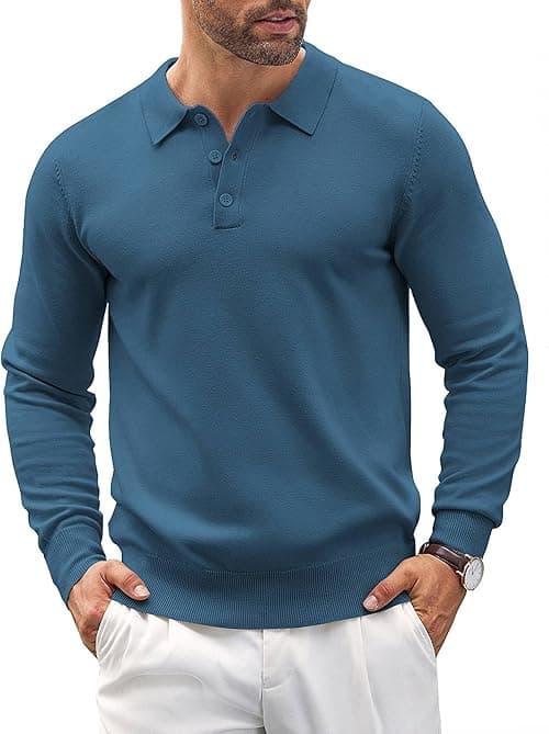 COOFANDY Mens Knit Polo Shirts Casual Long Sleeve Classic Polo Shirts Button Down Golf Shirts on Amazon.ae - Price Tracker