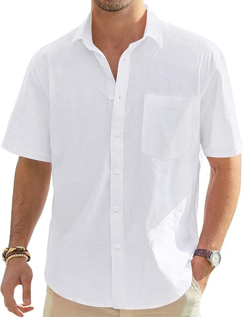 J.VER Men's Cotton Linen Short Sleeve Shirts Casual Lightweight Button Down Shirt Beach Summer Tops with Pocket on Amazon.ae - Price Tracker