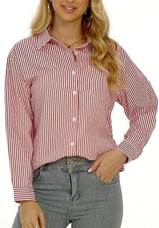 hathne Women's Button Down Striped Shirts Casual V-Neck Long Sleeve Stripes Business Blouses with Pocket on Amazon.ae - Price Tracker