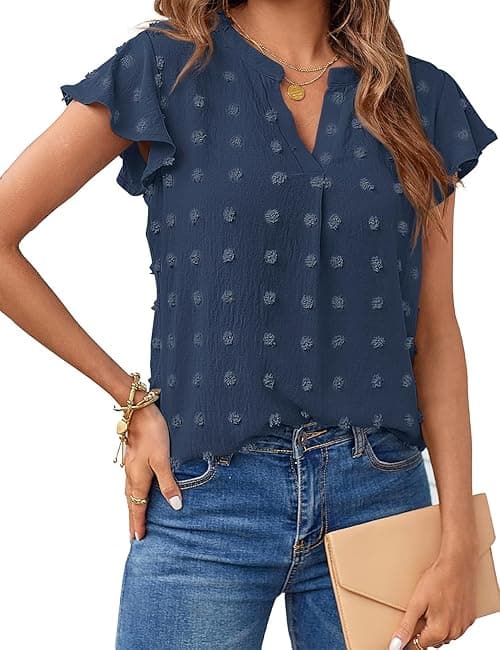 MEROKEETY Women 2023 Summer V Neck Ruffle Short Sleeve Blouse Swiss Dot Flowy Shirt Tunic Top on Amazon.ae - Price Tracker