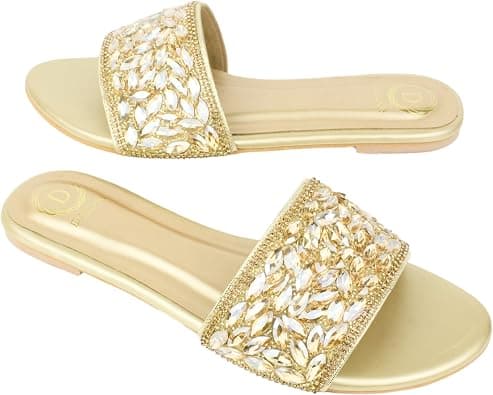 Dollar's Fashion Open Toe Slip On Flats Women Sandals, Crystal Embellished Elegant Synthetic Leather Ladies Fashion Footwear على Amazon.ae - متتبع الأسعار
