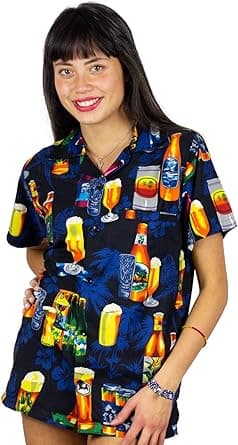 V.H.O. Funky Hawaiian Blouse Hawaiian Shirt Women's Short Sleeve Front Pocket Hawaiian Print Beer Bottles Party Beach UNICUT, black, M on Amazon.ae - Price Tracker