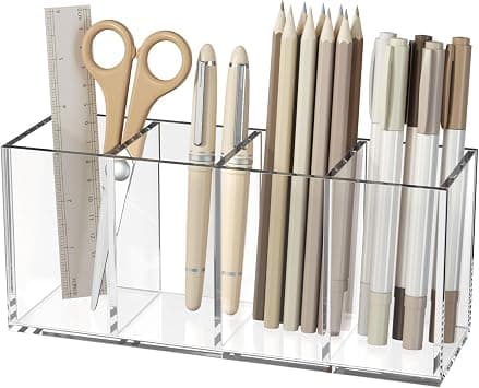 NIUBEE Acrylic Pen Holder 4 Compartments, Clear Pencil Organizer Cup for Countertop Desk Accessory Storage على Amazon.ae - متتبع الأسعار