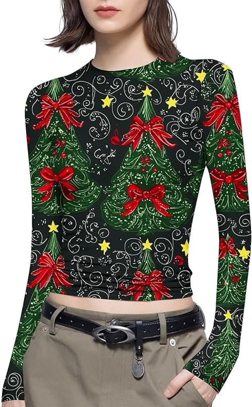 Christmas T Shirts Women Funny Xmas Tee Shirts Bodycon Top Long Sleeve T Round Neck Blouses Xmas Tree Funny Snowflakes Graphic T-Shirts Party Tops Pullover Novelty Christmas Top on Amazon.ae - Price Tracker