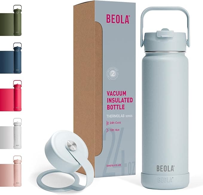 BEOLA 750ml Water Bottle 18/8 Stainless Steel 304 Double Wall Insulated Thermos Bottle with Straw Lid and wide mouth, 2 lids included, Hot Cold Liquids Sports Bottle, 25oz (Ice Blue) on Amazon.ae - Price Tracker