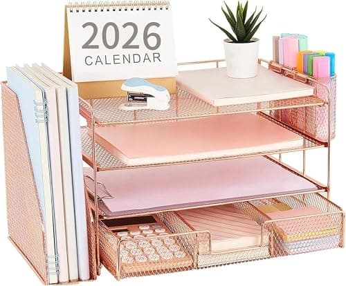 Oasisgalore Desktop Organizer for Home Office,4 Tier Paper File Holder Tray Stationary Organizer with 2 Pen Holders Office Desk Accessories (Rose Gold) on Amazon.ae - Price Tracker
