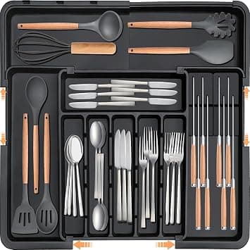 Silverware Organizer - Expandable Large Kitchen Drawer Organizer Utensil Organizer with 2 Removable Knife Blocks, 22"x 19"Cutlery Tray Drawer Dividers for Kitchen Flatware(6-9 Slots) (Black) على Amazon.ae - متتبع الأسعار