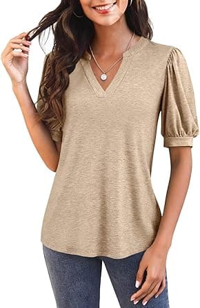 Imily Bela Womens V Neck T Shirts Casual Puff Sleeve Loose Dressy Blouses Summer Tops on Amazon.ae - Price Tracker